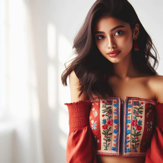 Photo a woman with a red top and a floral pattern on her chest