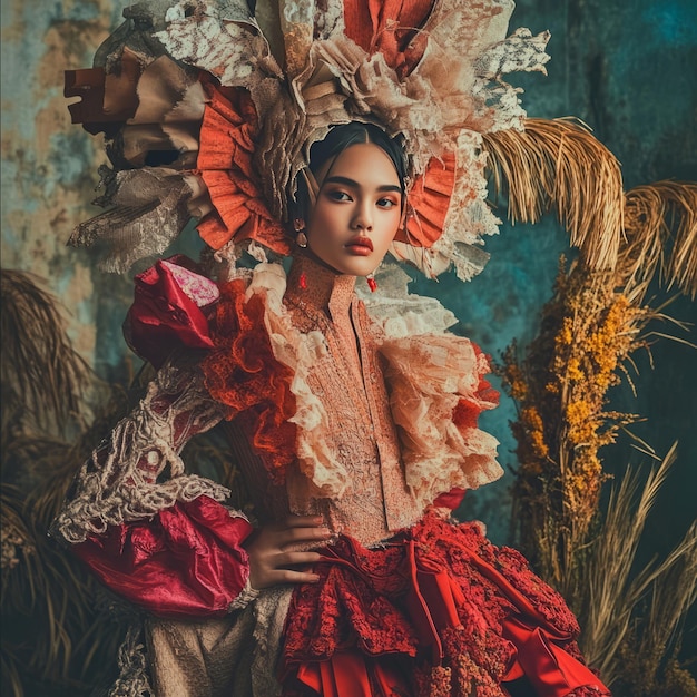 A woman with red and white ruffled dress and headpiece looking at the camera