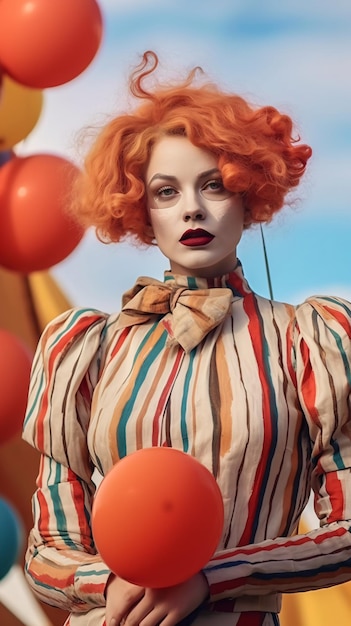 A woman with a red wig and a red balloon