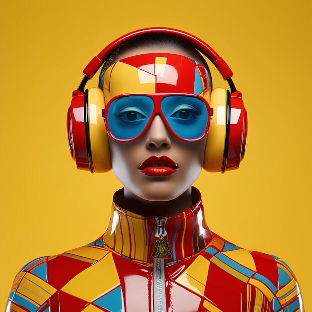 woman with red and yellow suite has a headset and glasses