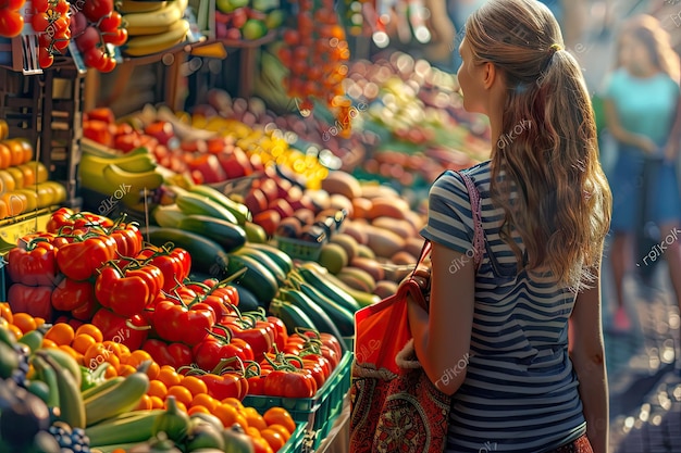 Photo woman with reusable ecobag in vibrant vegetable market