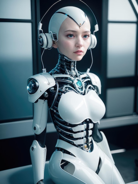 A woman with a robot body in front of a glass wall.