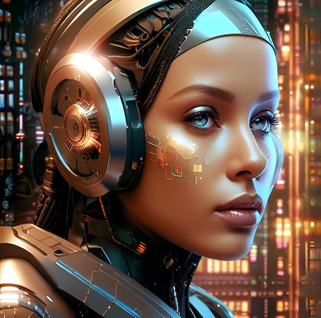 a woman with a robot face and headphones on it