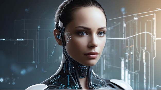 A woman with a robot face and the words cyber on the back ai generated