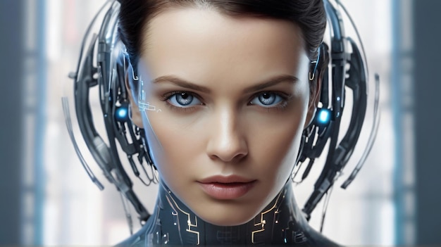 a woman with a robot face and the words cyber on the bottom Ai generated