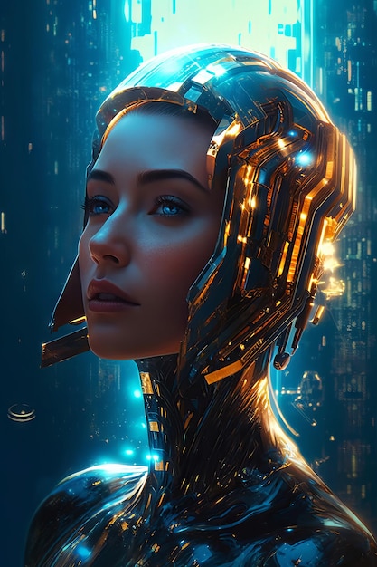 A woman with a robot face and the words'cyberpunk'on the bottom right