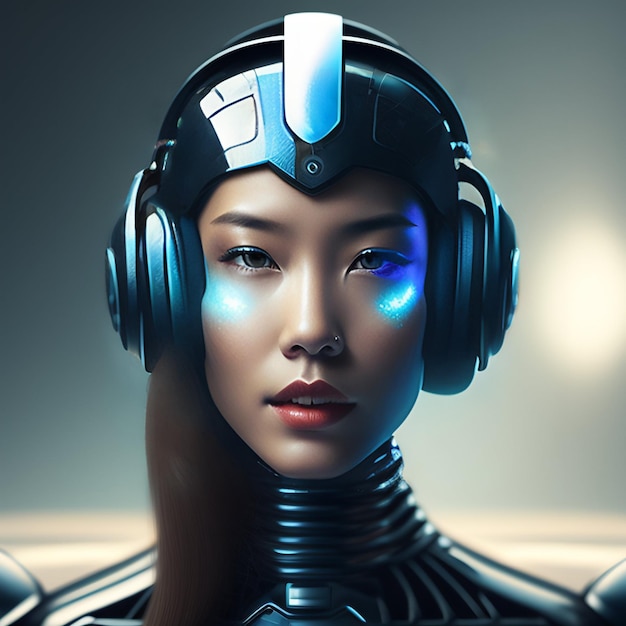 A woman with a robot head wearing headphones.