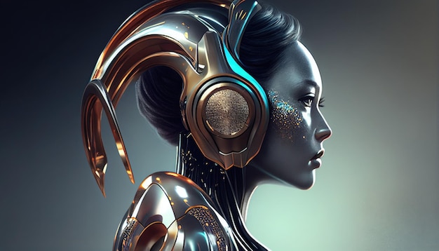 A woman with a robot head wearing a headphones.