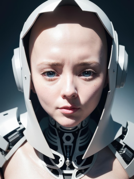 A woman with a robot helmet on