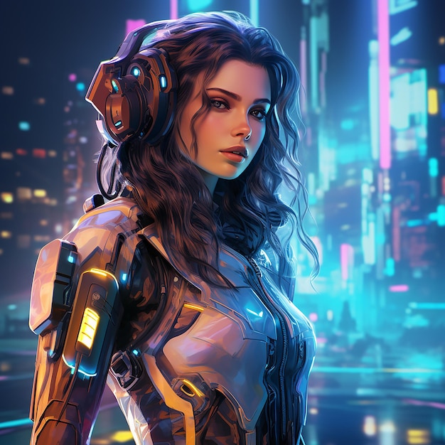 a woman with a robot on her back stands in front of a cityscape