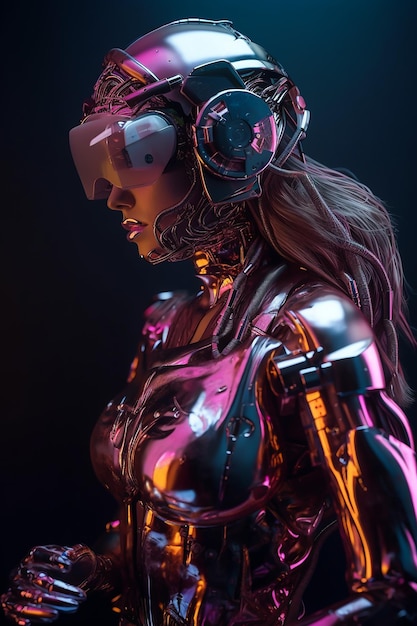 A woman with a robot in pink and purple