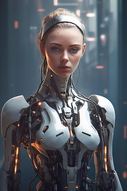 A woman with a robot suit.