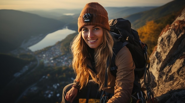 Woman with a rope engaged in the sports of rock climbing on the rock