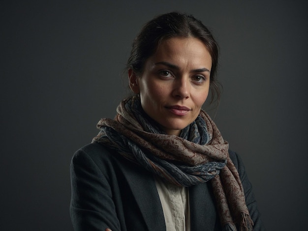 Photo a woman with a scarf arms crossed with a slight smile_2