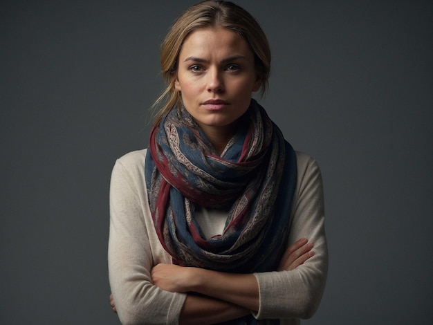 Photo a woman with a scarf arms folded with a slight lean ba_3