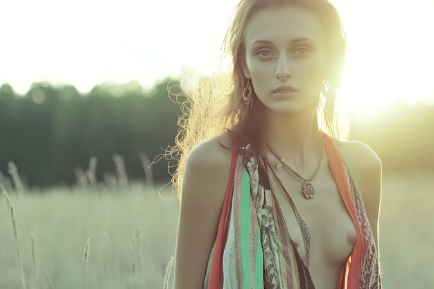 a woman with a scarf around her neck is posing in a field