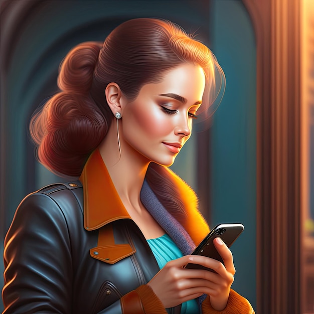 a woman with a scarf on her hair is looking at a phone.