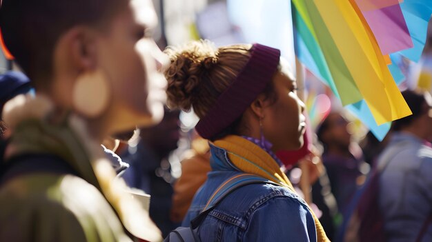 Photo a woman with a scarf on her head is holding a rainbow flag