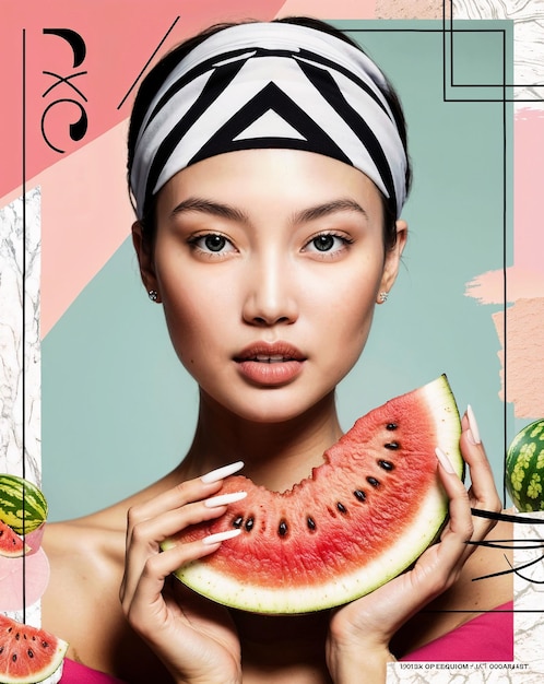 a woman with a scarf on her head is holding a watermelon