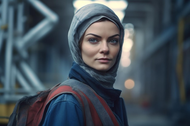 a woman with a scarf on her head is standing in a tunnel