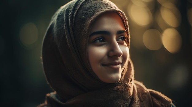 A woman with a scarf on her head and a light shining on her face.