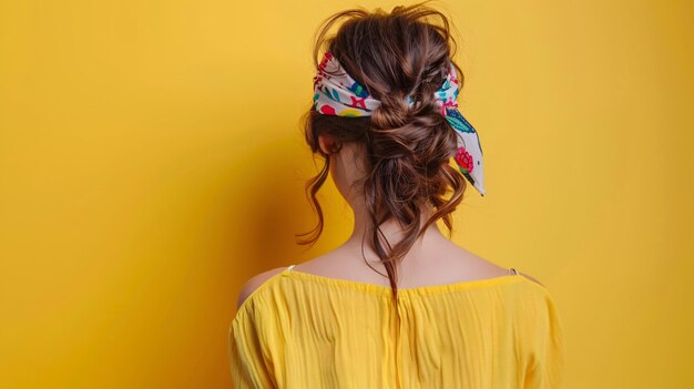 Photo a woman with a scarf on her head stands against a yellow wall