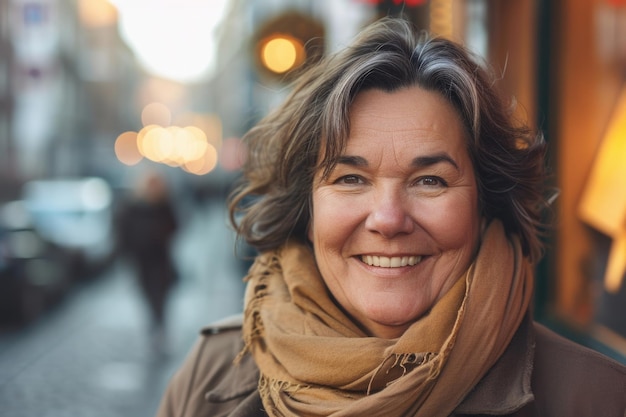 Woman with scarf on her neck is smiling