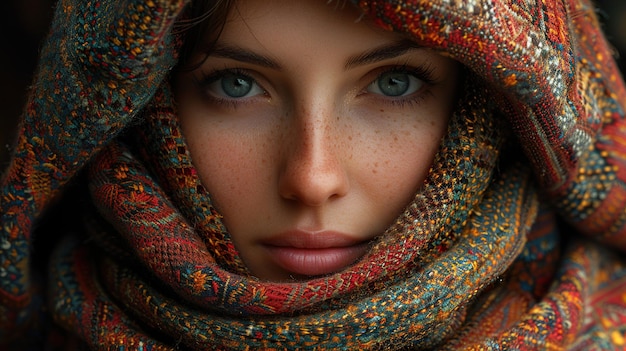 a woman with a scarf that says  freckles  on it