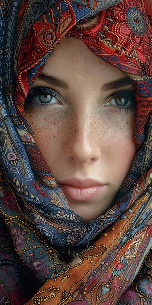 a woman with a scarf that says quot freckles quot on it