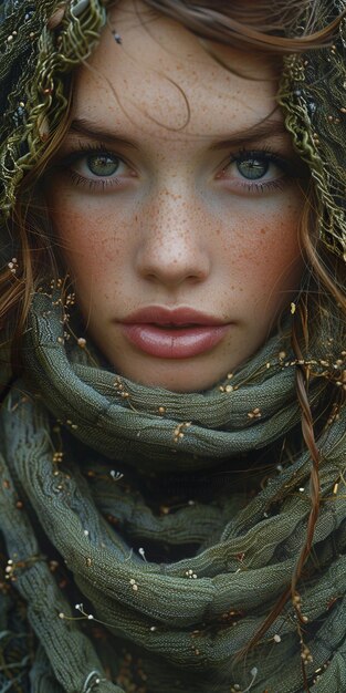 a woman with a scarf that says quot freckles quot on it