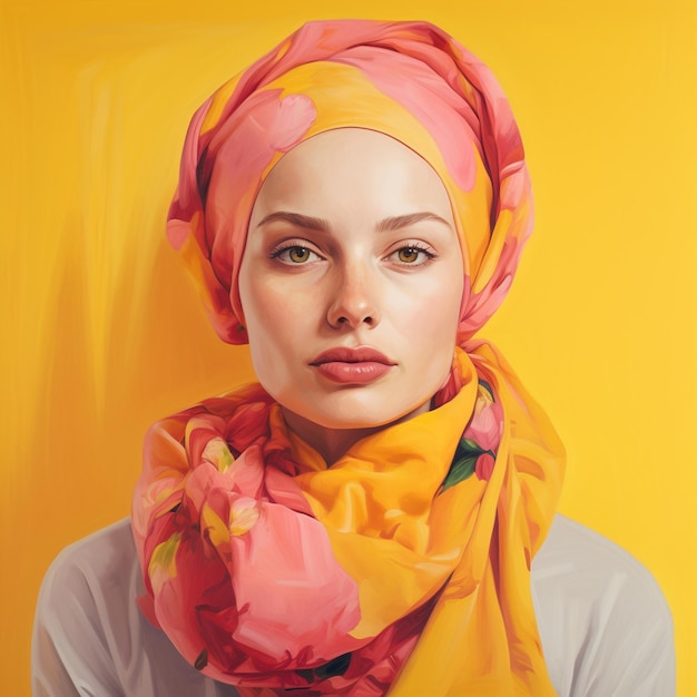 a woman with a scarf that says  the word  on it