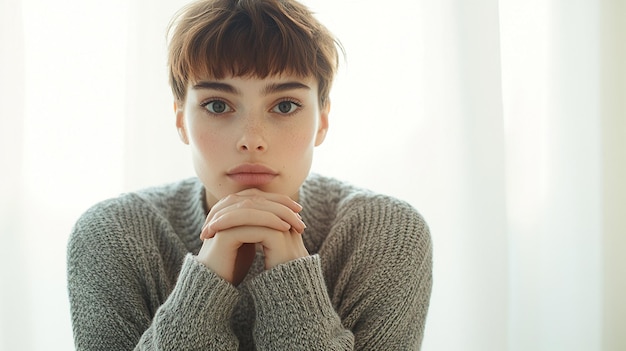 a woman with a serious expression is sitting in front of a window