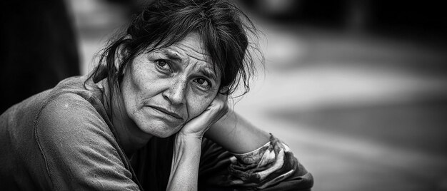 Photo a woman with a serious expression sits on a street