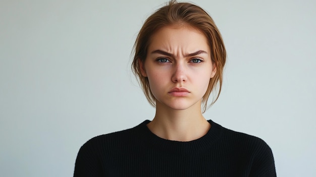 Photo a woman with a serious face and a black sweater on her face