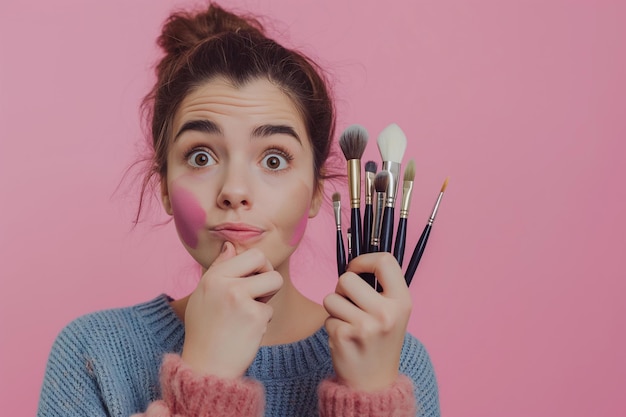 Photo woman with set of brushes on pink background professional woman with makeup brush set on vibrant pi