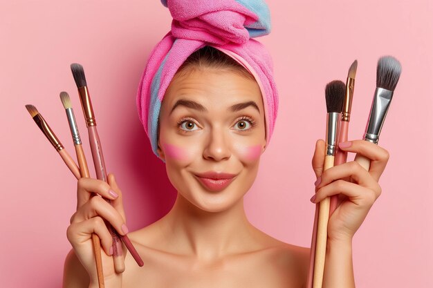 Photo woman with set of brushes on pink background professional woman with makeup brush set on vibrant pi