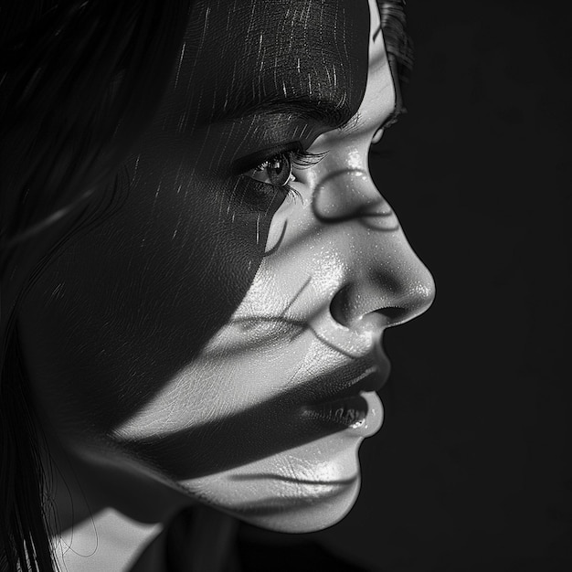 a woman with a shadow on her face is shown in black and white