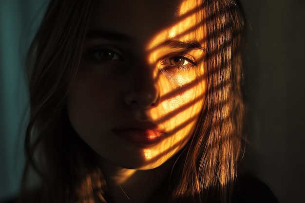 Photo a woman with a shadow of her face and the sun shining on her face