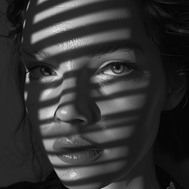 a woman with a shadow of her face and the sun shining on her face