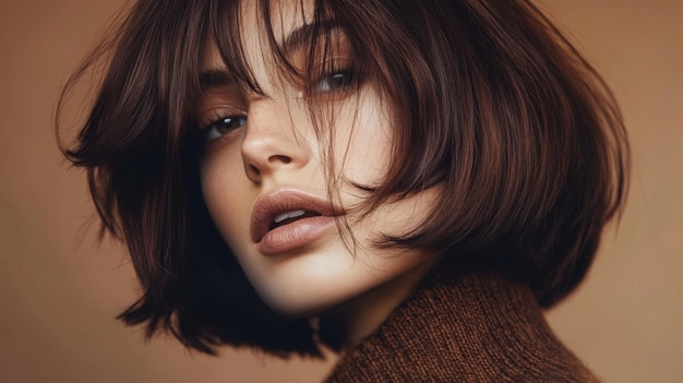 Photo woman with shaggy brunette bob hairstyle posing in a warmtoned setting during daylight