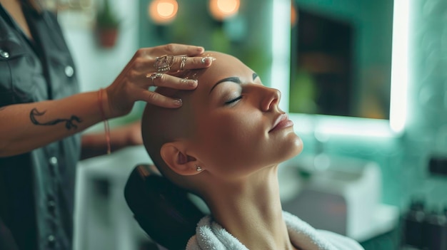 Photo a woman with a shaved head is at the beauty parlor getting a scalp massage