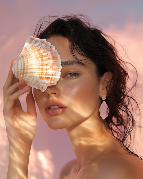 a woman with a shell on her head is looking up to her eyes