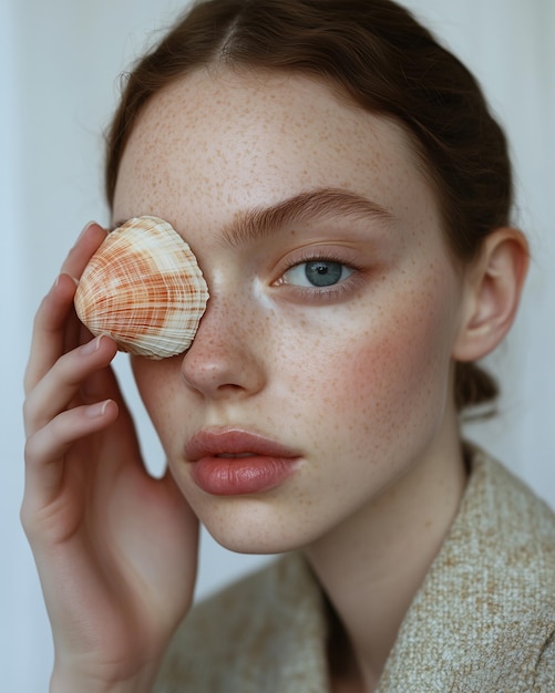 a woman with a shell on her nose is looking up to her eyes