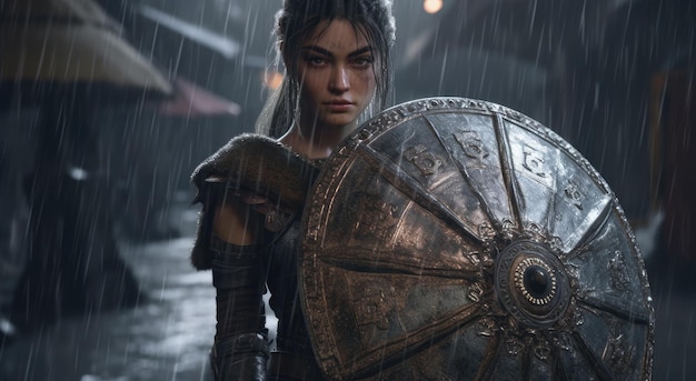 A woman with a shield in the rain