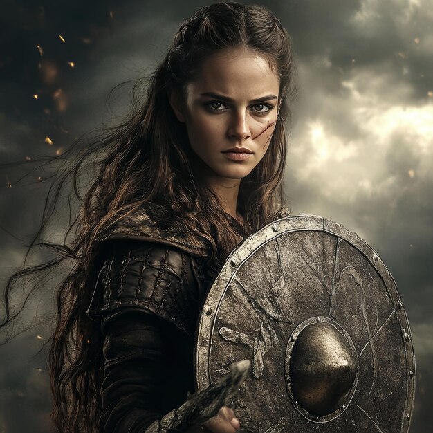 Photo a woman with a shield and a shield with the word shield on it