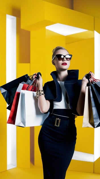 Woman with shopping bags in studio on yellow background isolated