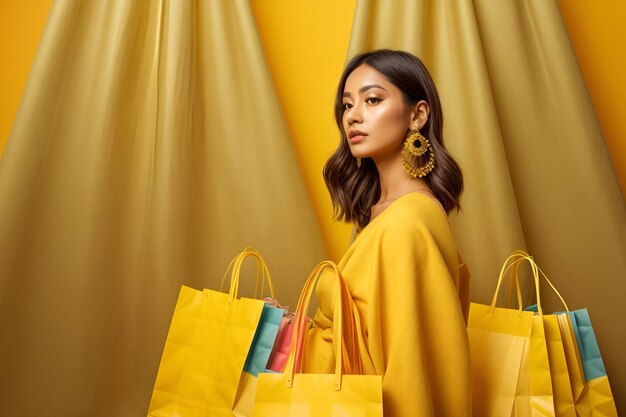 woman with shopping bags in studio on yellow background isolated