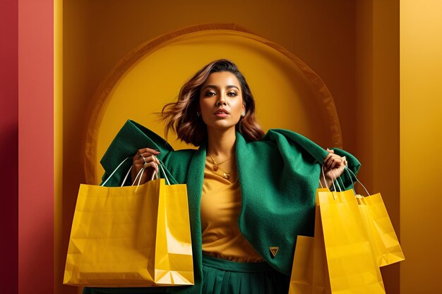 woman with shopping bags in studio on yellow background isolated