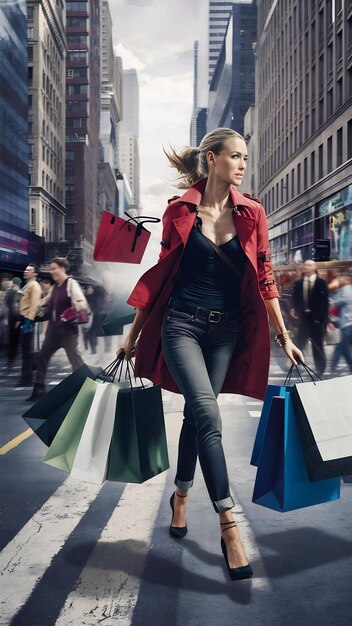 Woman with shopping bags walking in rush