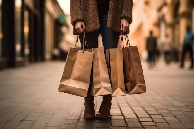 Woman with shopping bags walking on street Generative AI